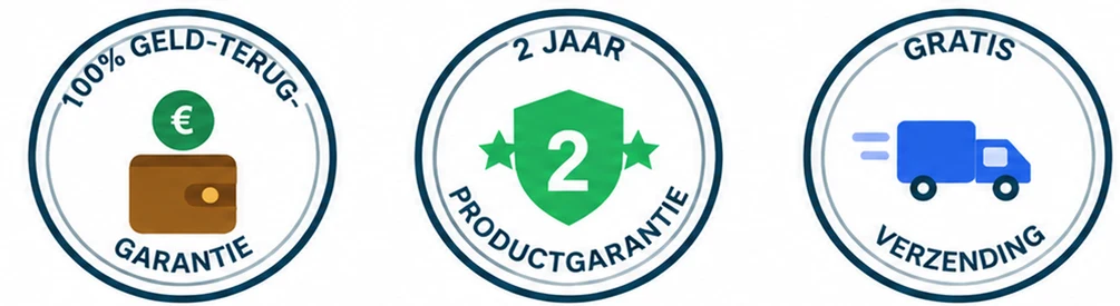 100% geld-terug-garantie, 2 jaar productgarantie, gratis verzending